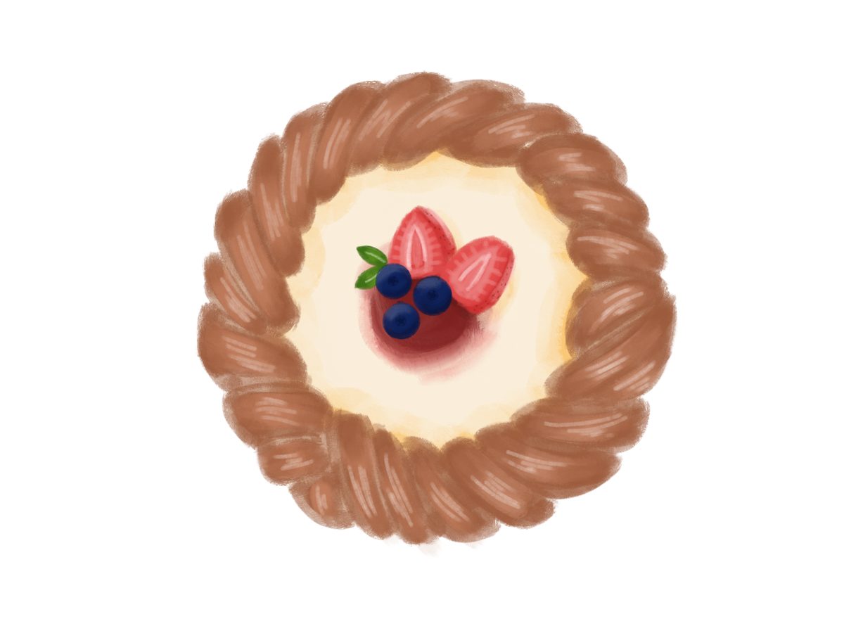 Hand-painted illustration of a braided danish topped with strawberries and blueberries