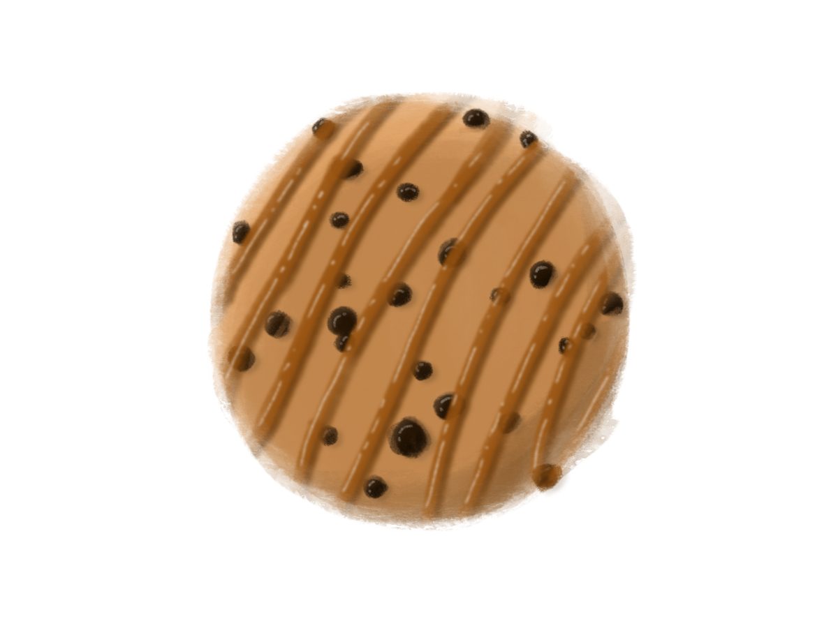 Hand-painted illustration of a cookie with caramel drizzle stripes