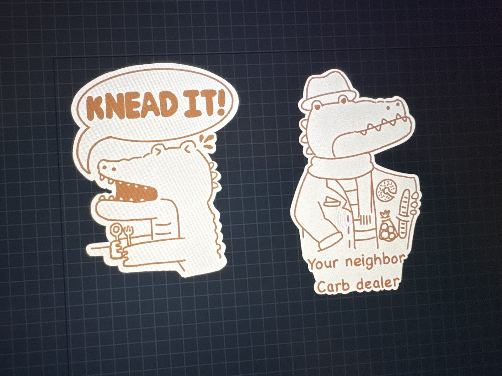 Two die-cut stickers: the Knead It! crocodile shouting into a speech bubble, and a crocodile in a trench coat full of baguettes captioned 'Your neighbor, Carb dealer'